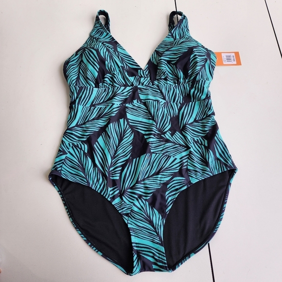 $60 NWT NOON SWIM Women's Halter 1 Piece Swimming Suit Green Leaf V- NECK Sz 18 - Picture 6 of 13